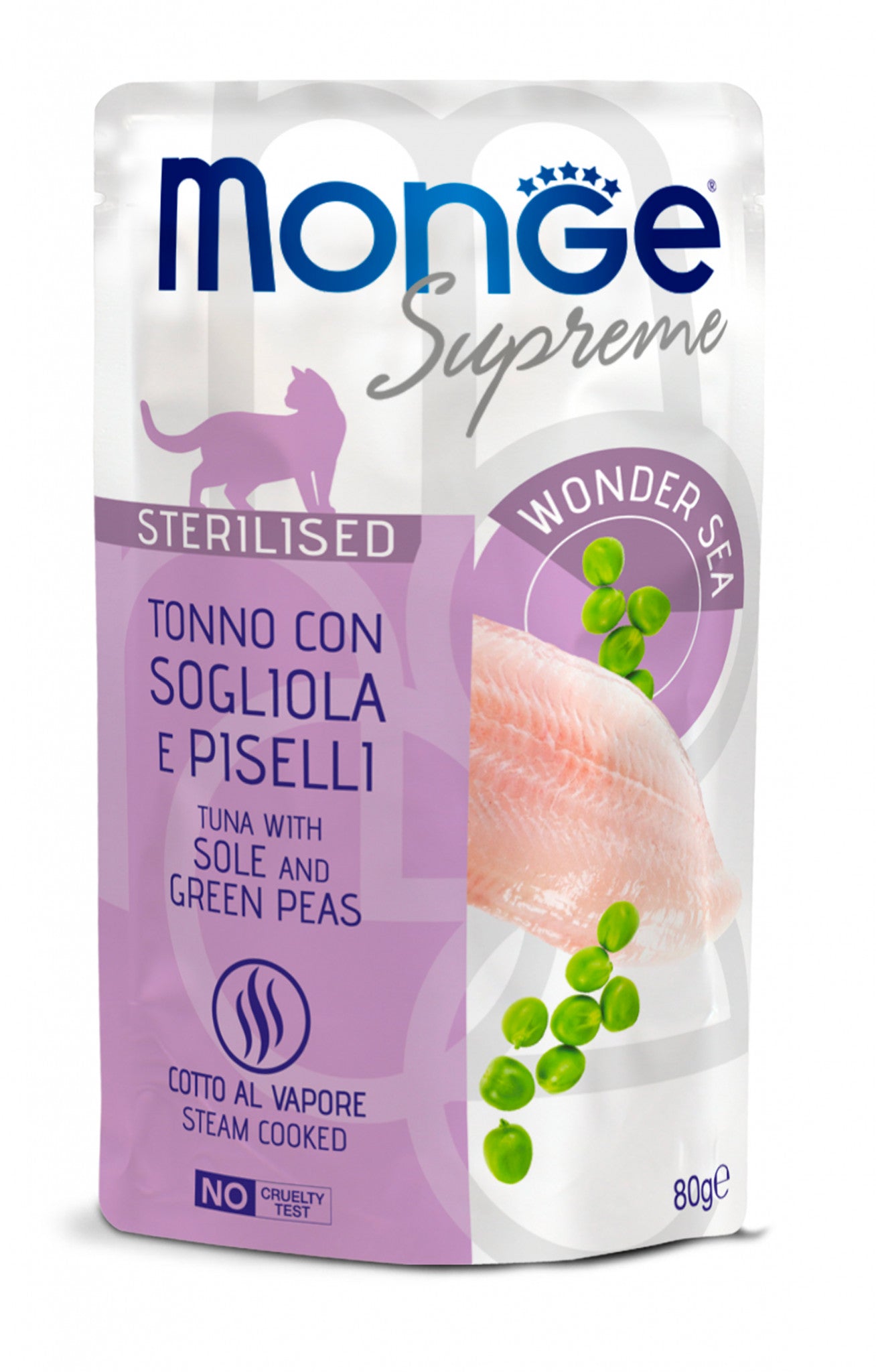 Monge supreme sterilised tonno con sogliola e piselli 80g